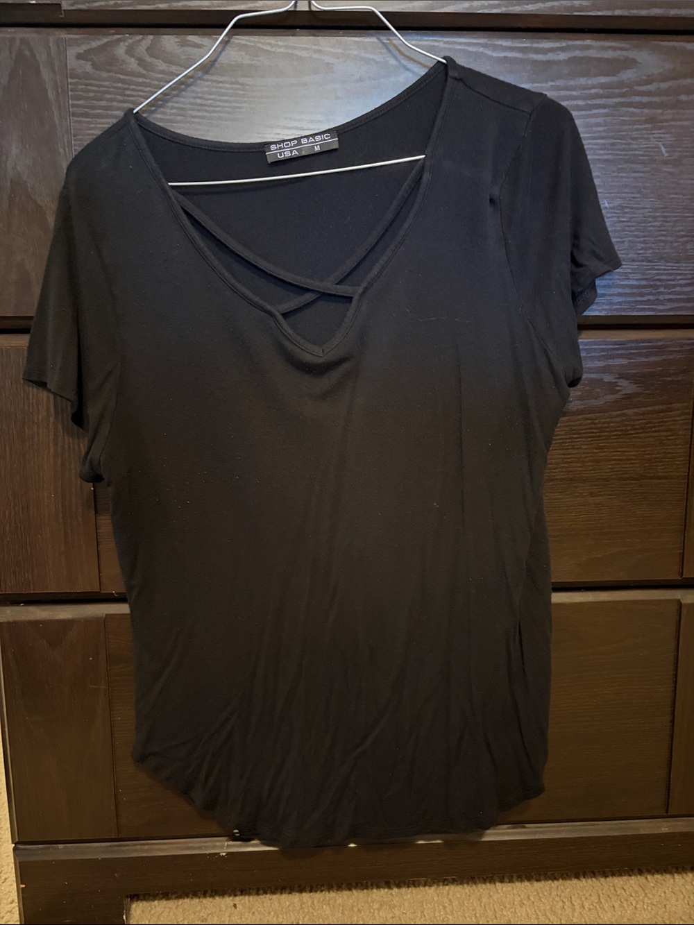 Shop Basic Black Crisscross V-Neck Short Sleeve Tee
